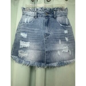 HAYDEN LOS ANGELES Womens Denim Skirt Ruffled Waist Distressed Frayed Hem Size S